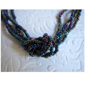 Vtg Beaded 4-Strand Knot Necklace: Carnival Glass, Blue Purple Green Beads, B30